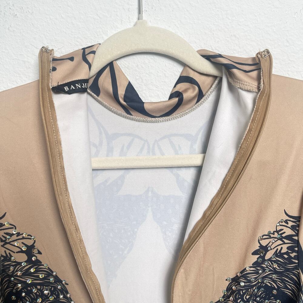 BANJUL Rhinestone Bodysuit Catsuit Nude Black Tribal Print Stretch Jumpsuit - Picture 8 of 15